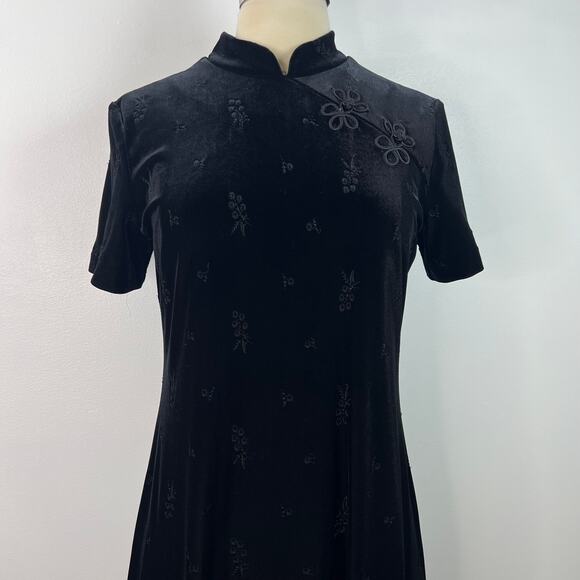 Molly Malloy Petite Vintage Black Velvet Maxi Dress Mock Neck Asian Floral Sz 8 - Picture 5 of 16